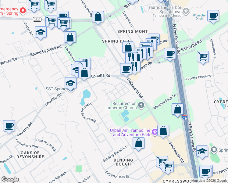 map of restaurants, bars, coffee shops, grocery stores, and more near 2111 Old Holzwarth Road in Spring
