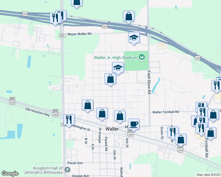 map of restaurants, bars, coffee shops, grocery stores, and more near 1703 Key Street in Waller
