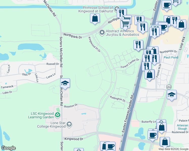 map of restaurants, bars, coffee shops, grocery stores, and more near 24119 Winford Square Drive in Houston
