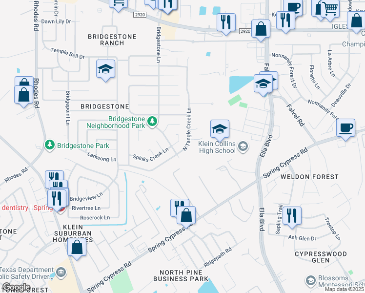 map of restaurants, bars, coffee shops, grocery stores, and more near 21315 North Tangle Creek Lane in Spring
