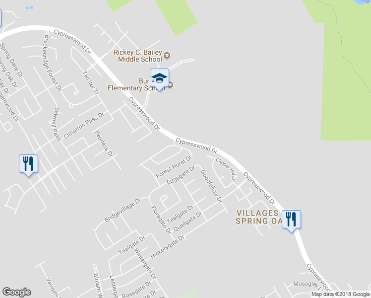 map of restaurants, bars, coffee shops, grocery stores, and more near 5118 Forest Terrace Drive in Spring