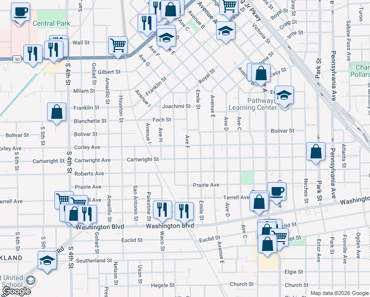 map of restaurants, bars, coffee shops, grocery stores, and more near 1901 Corley Avenue in Beaumont