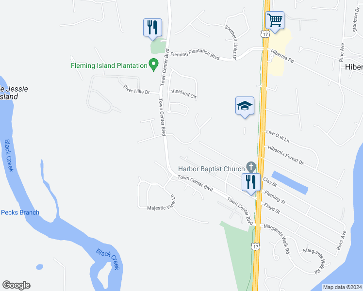 map of restaurants, bars, coffee shops, grocery stores, and more near 1767 Covington Lane in Orange Park