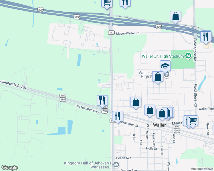 map of restaurants, bars, coffee shops, grocery stores, and more near 20123 Farm to Market 362 in Waller