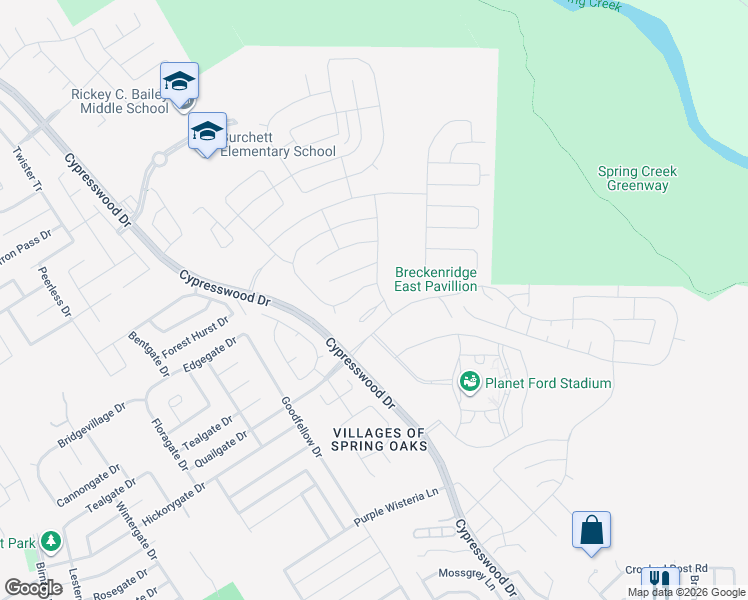 map of restaurants, bars, coffee shops, grocery stores, and more near 23300-23370 Cypresswood Drive in Spring