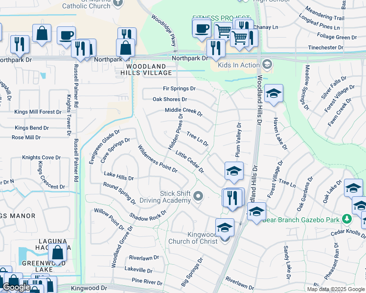 map of restaurants, bars, coffee shops, grocery stores, and more near 2114 River Village Drive in Humble