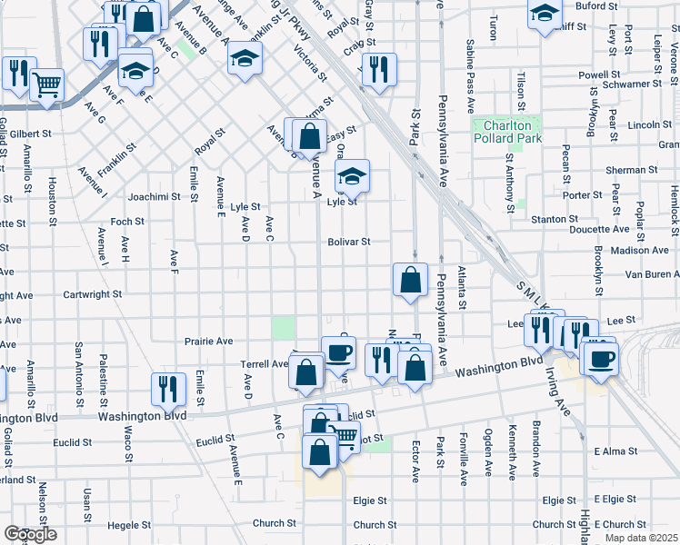 map of restaurants, bars, coffee shops, grocery stores, and more near 1340 Cartwright Street in Beaumont
