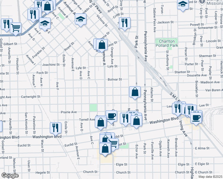 map of restaurants, bars, coffee shops, grocery stores, and more near 1340 Cartwright Street in Beaumont