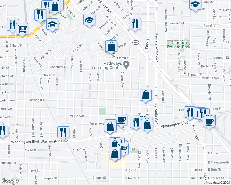 map of restaurants, bars, coffee shops, grocery stores, and more near 1340 Cartwright Street in Beaumont