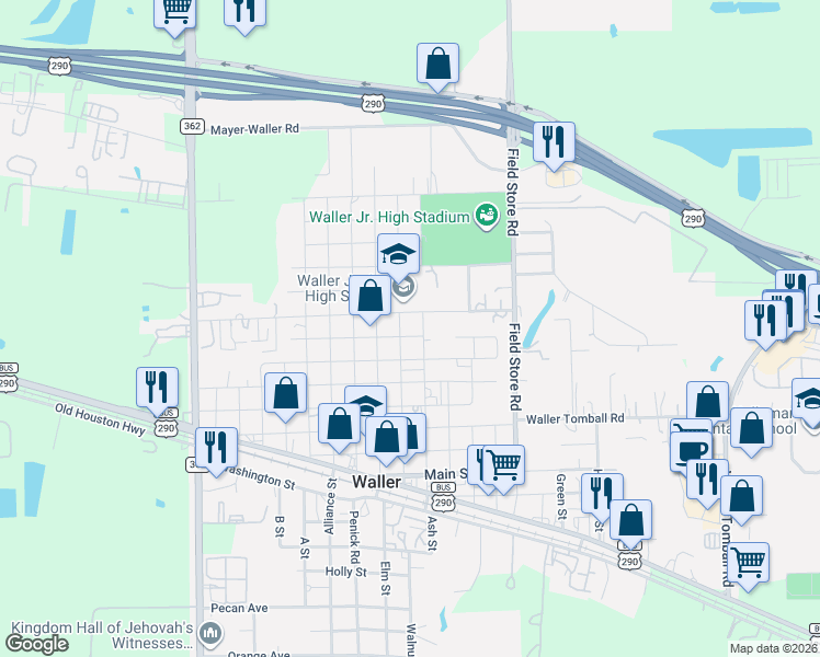 map of restaurants, bars, coffee shops, grocery stores, and more near 2302 Fitz Lee Street in Waller