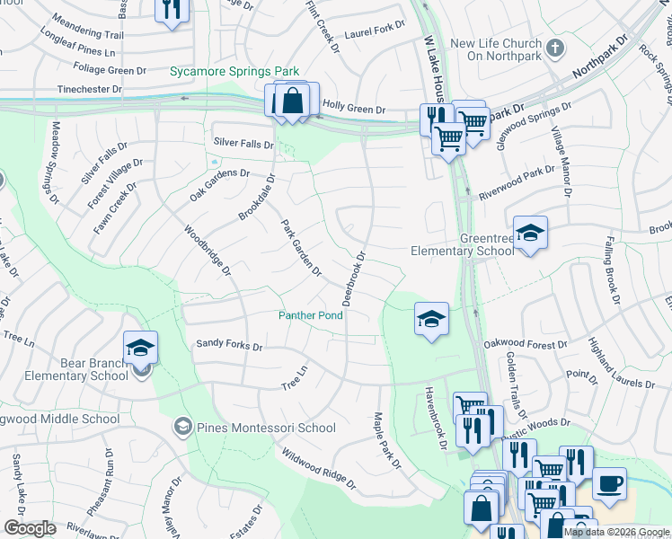 map of restaurants, bars, coffee shops, grocery stores, and more near 3114 Timberlark Street in Houston
