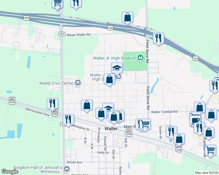 map of restaurants, bars, coffee shops, grocery stores, and more near 1618 Key Street in Waller