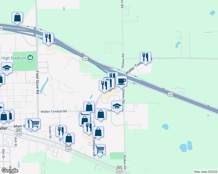 map of restaurants, bars, coffee shops, grocery stores, and more near 31058 Waller-Tomball Road in Waller