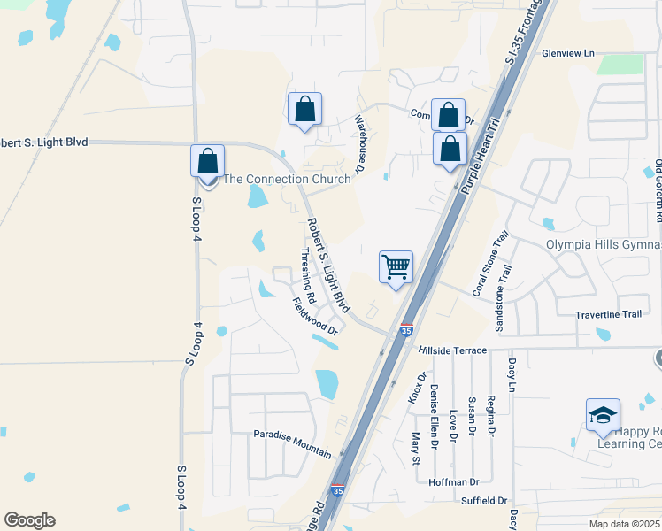 map of restaurants, bars, coffee shops, grocery stores, and more near 515 Fieldwood Drive in Buda
