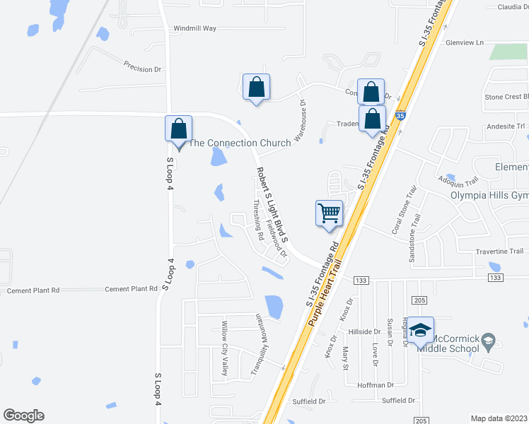 map of restaurants, bars, coffee shops, grocery stores, and more near 515 Fieldwood Drive in Buda