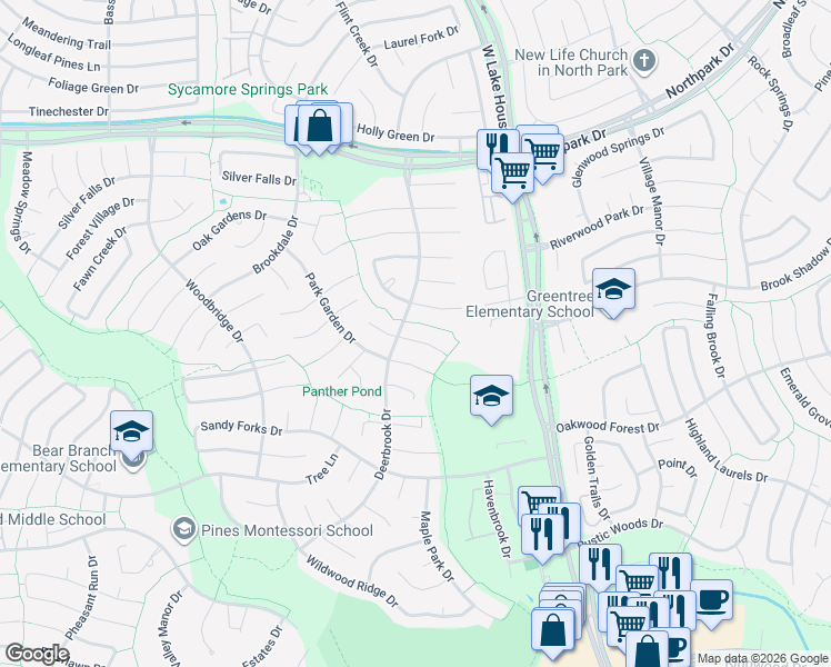 map of restaurants, bars, coffee shops, grocery stores, and more near 3227 Timberlark Street in Humble