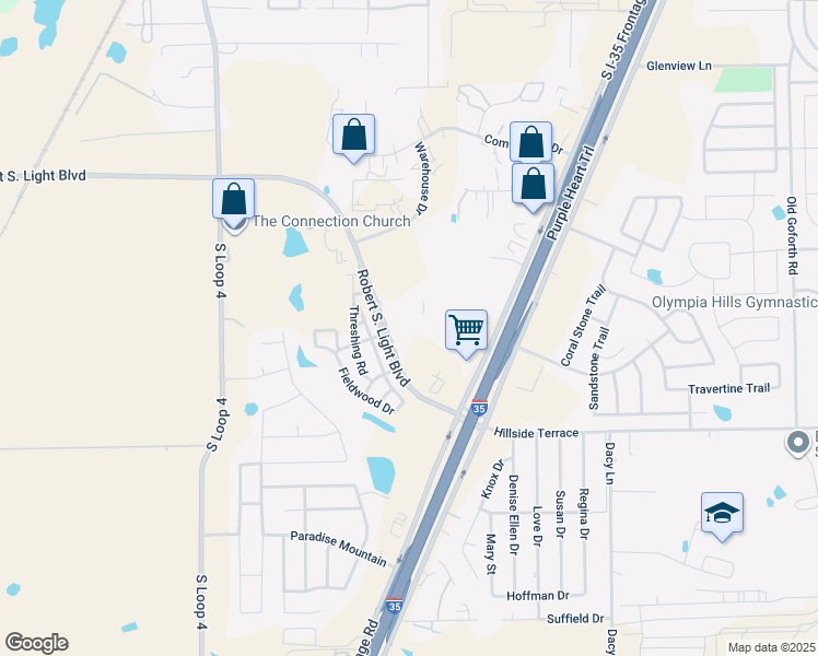 map of restaurants, bars, coffee shops, grocery stores, and more near 1250 Robert S. Light Boulevard South in Buda