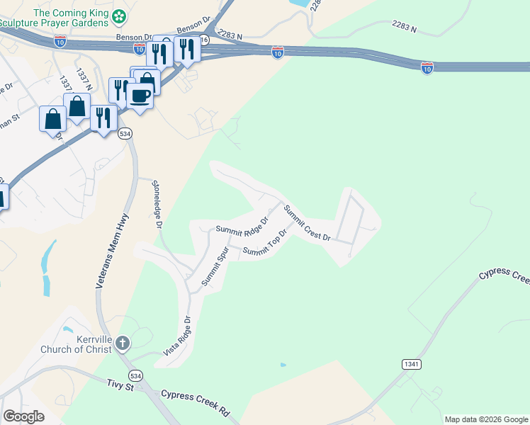 map of restaurants, bars, coffee shops, grocery stores, and more near 1919 Summit Ridge Drive in Kerrville