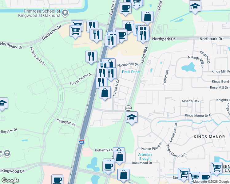map of restaurants, bars, coffee shops, grocery stores, and more near 23020 Forest North Drive in Houston
