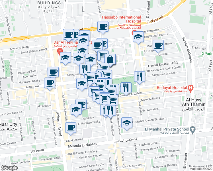 map of restaurants, bars, coffee shops, grocery stores, and more near Makram Ebeid in Nasr City