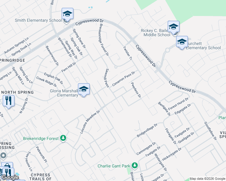 map of restaurants, bars, coffee shops, grocery stores, and more near 23414 Goldking Cross Court in Spring