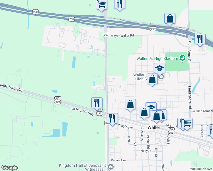 map of restaurants, bars, coffee shops, grocery stores, and more near 20123 Farm to Market 362 in Waller