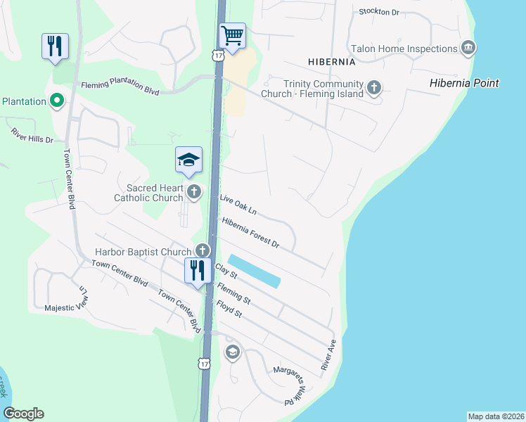 map of restaurants, bars, coffee shops, grocery stores, and more near 923 Live Oak Lane in Fleming Island