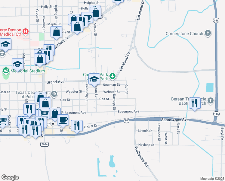 map of restaurants, bars, coffee shops, grocery stores, and more near 2632 Webster Street in Liberty
