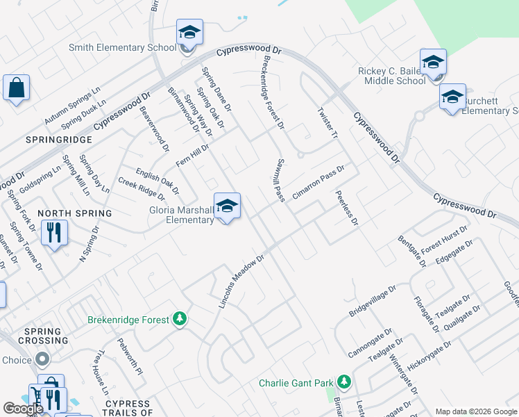 map of restaurants, bars, coffee shops, grocery stores, and more near 23439 Dukes Run Drive in Spring