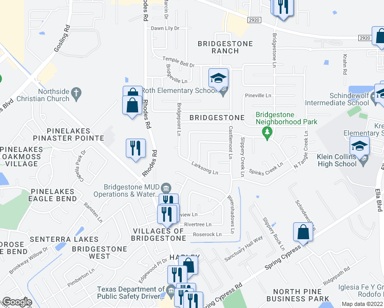 map of restaurants, bars, coffee shops, grocery stores, and more near 21210 Fernhollow Lane in Spring