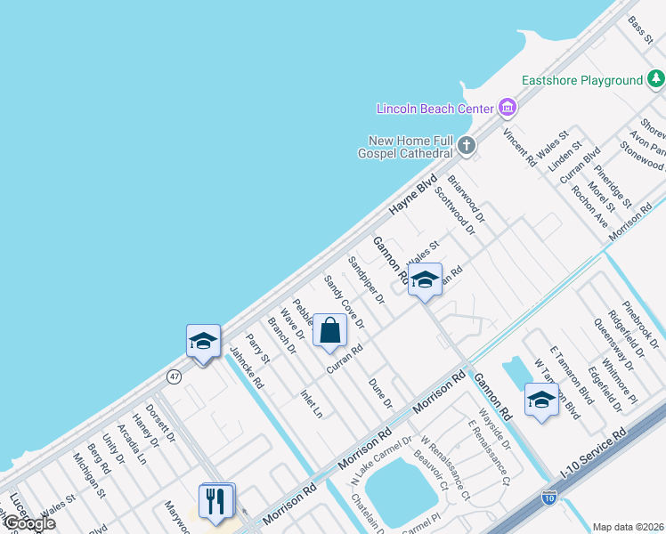 map of restaurants, bars, coffee shops, grocery stores, and more near 7950 Windward Court in New Orleans