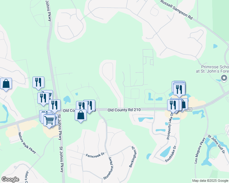 map of restaurants, bars, coffee shops, grocery stores, and more near 153 Johns Glen Drive in Jacksonville