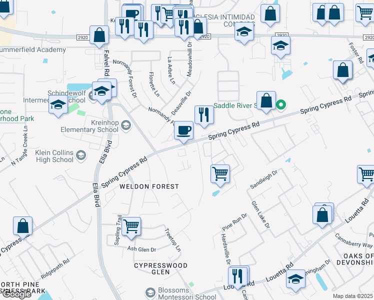 map of restaurants, bars, coffee shops, grocery stores, and more near 3325 Spring Cypress Road in Spring