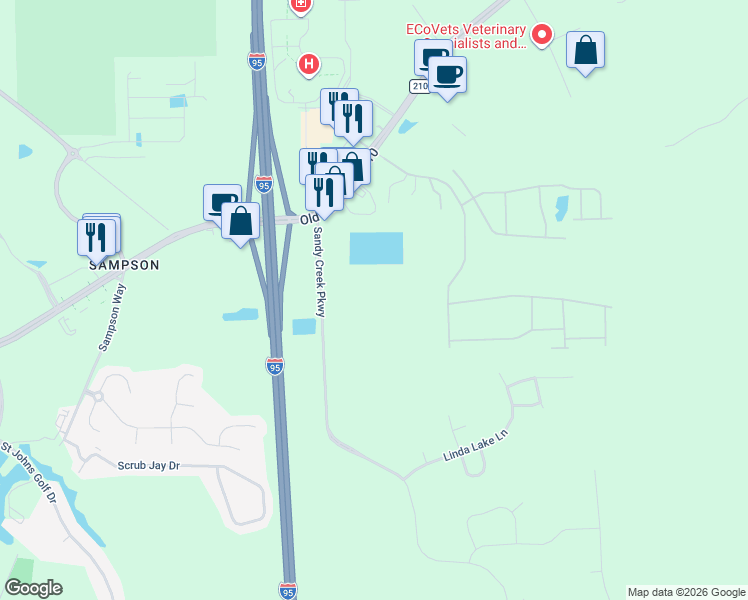 map of restaurants, bars, coffee shops, grocery stores, and more near 281 Sandy Creek Parkway in St. Augustine