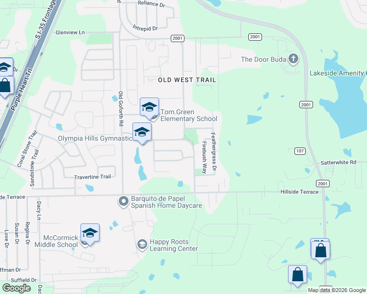 map of restaurants, bars, coffee shops, grocery stores, and more near 163 Wolfberry Path in Buda