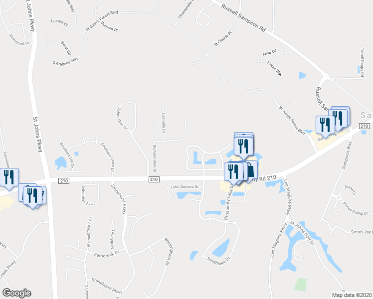map of restaurants, bars, coffee shops, grocery stores, and more near 253 Carolina Jasmine Lane in Saint Johns