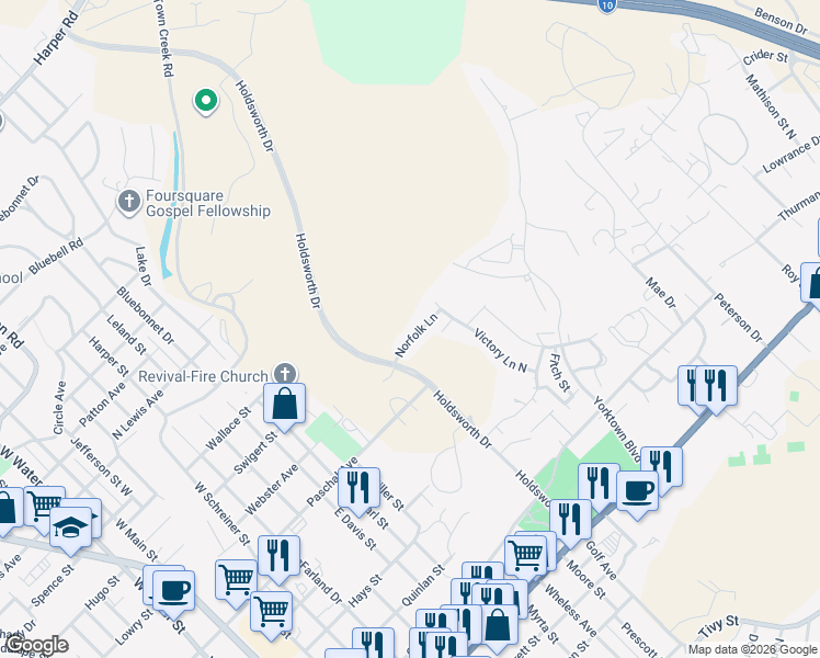 map of restaurants, bars, coffee shops, grocery stores, and more near 1121 Norfolk Lane in Kerrville