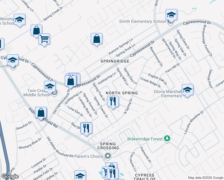 map of restaurants, bars, coffee shops, grocery stores, and more near 2306 Sun Spring Court in Spring