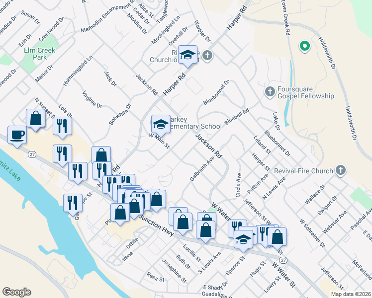 map of restaurants, bars, coffee shops, grocery stores, and more near 901 West Main Street in Kerrville