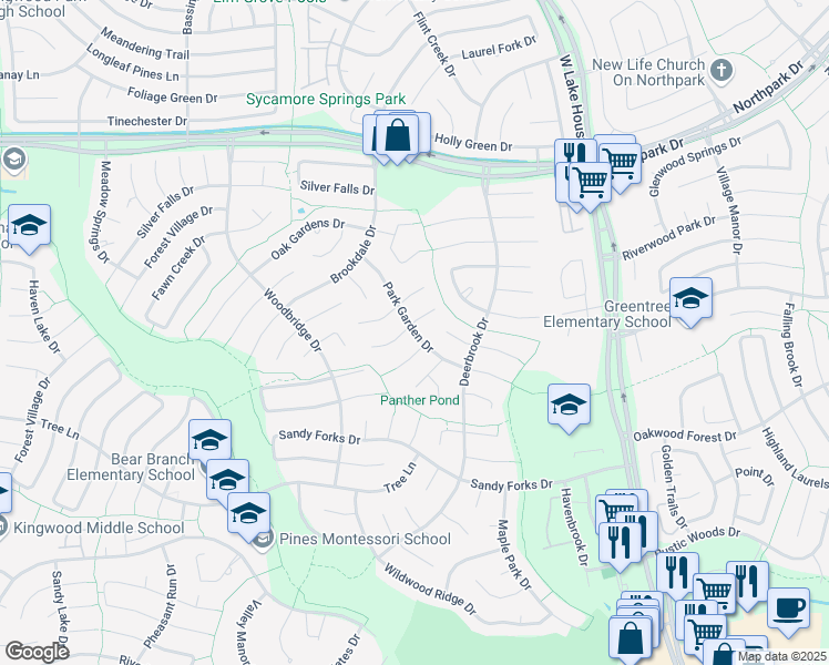 map of restaurants, bars, coffee shops, grocery stores, and more near Park Garden Drive in Houston