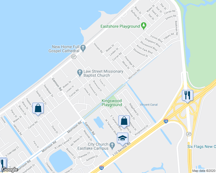 map of restaurants, bars, coffee shops, grocery stores, and more near 7537 Tricia Court in New Orleans