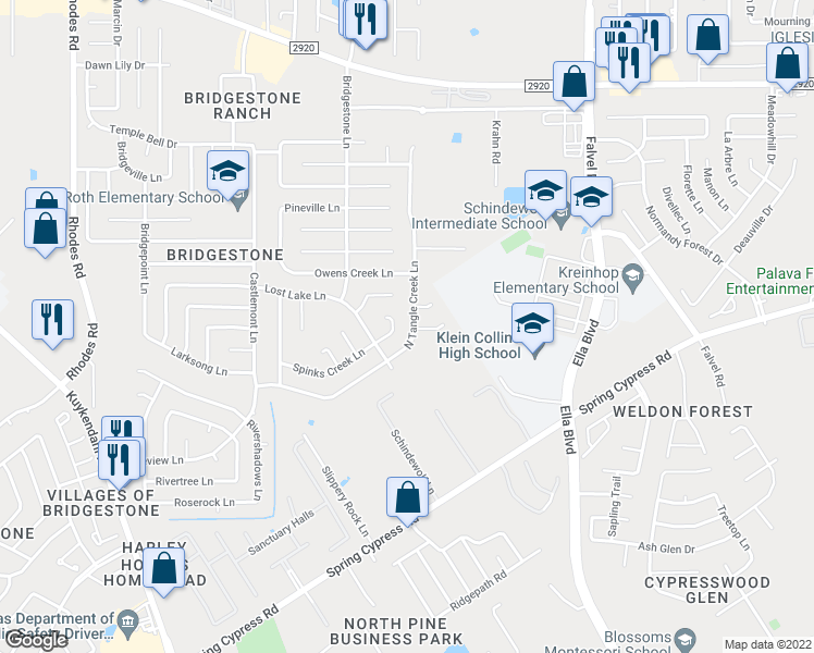 map of restaurants, bars, coffee shops, grocery stores, and more near 21403 North Tangle Creek Lane in Spring