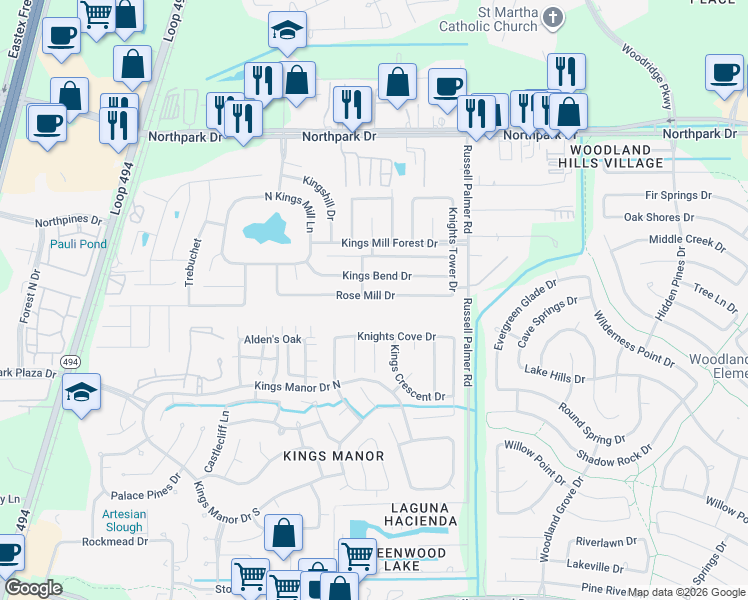 map of restaurants, bars, coffee shops, grocery stores, and more near 21526 Kings Bend Drive in Montgomery County