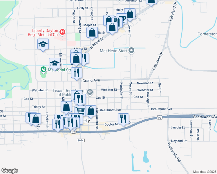 map of restaurants, bars, coffee shops, grocery stores, and more near 725 Maryland Street in Liberty