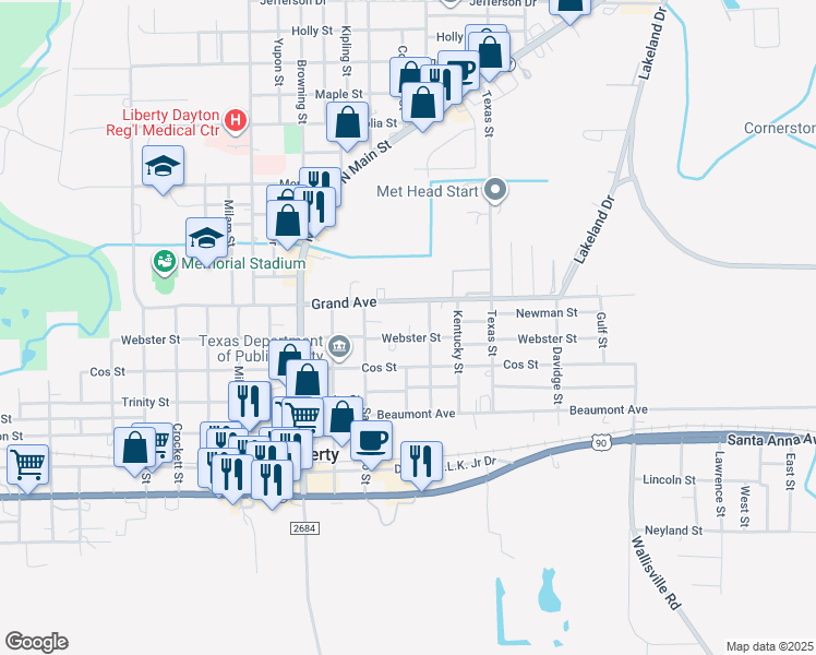 map of restaurants, bars, coffee shops, grocery stores, and more near 725 Maryland Street in Liberty