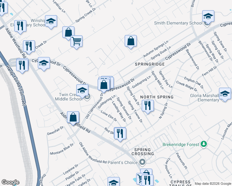 map of restaurants, bars, coffee shops, grocery stores, and more near 26830 Cypresswood Drive in Spring