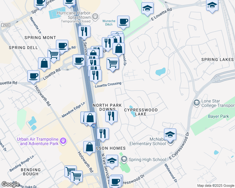 map of restaurants, bars, coffee shops, grocery stores, and more near 514 Cypresswood Knoll in Spring