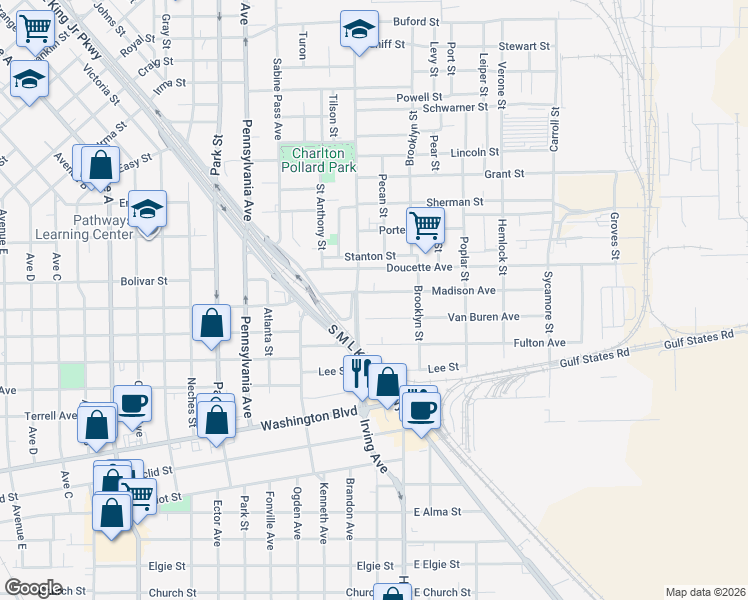map of restaurants, bars, coffee shops, grocery stores, and more near 715 Madison Avenue in Beaumont