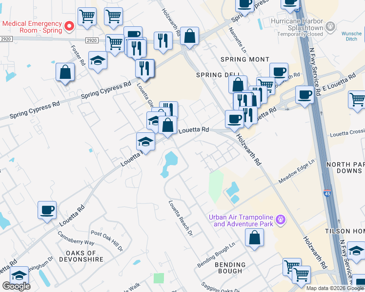 map of restaurants, bars, coffee shops, grocery stores, and more near 2021 Louetta Road in Spring
