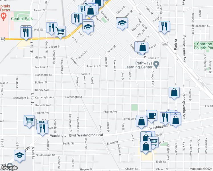map of restaurants, bars, coffee shops, grocery stores, and more near 2470 Emile Street in Beaumont